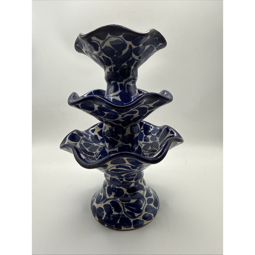 3 TIER TALAVERA HAND PAINTED MEXICAN CERAMIC CANDLE HOLDER BLUE & WHITE